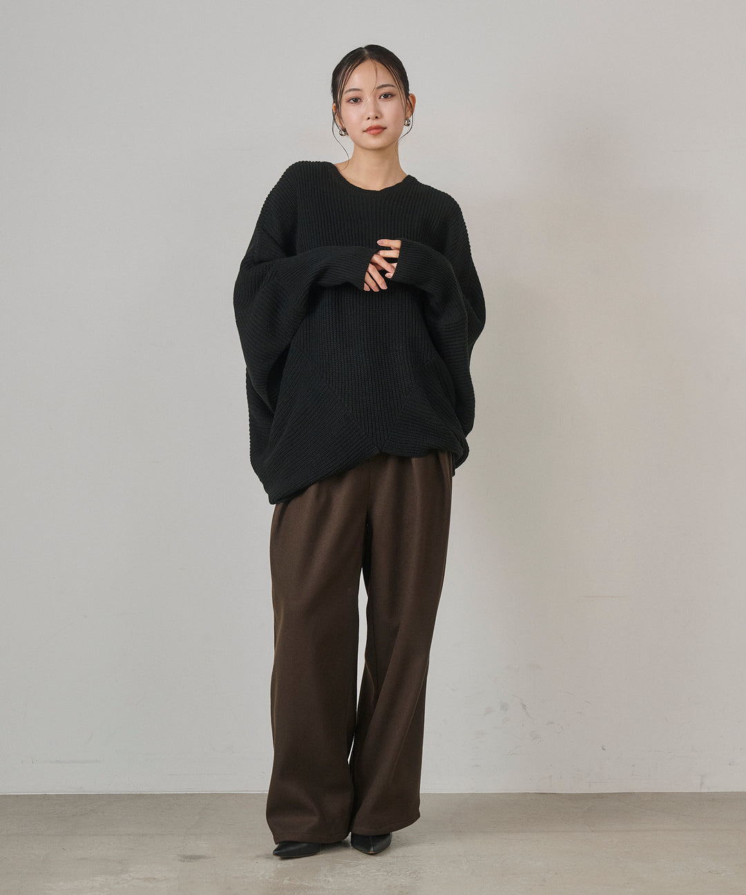 (eliuu)Wool Like Solid Tuck Slacks