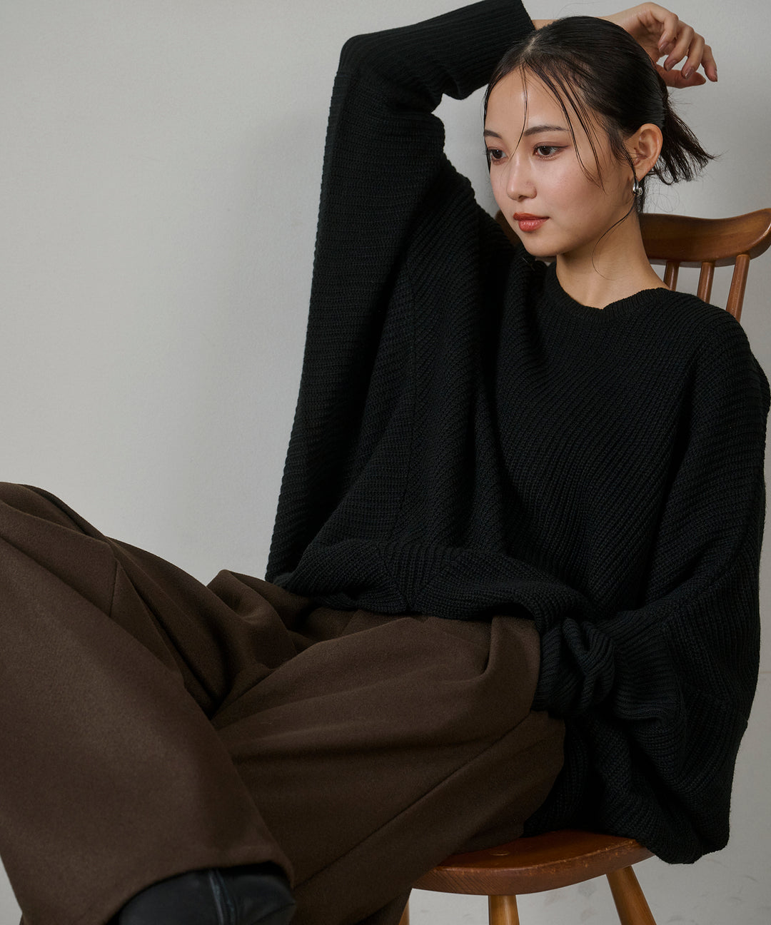 [SET]Drape Dolman Knit+Wool Like Solid Tuck Slacks