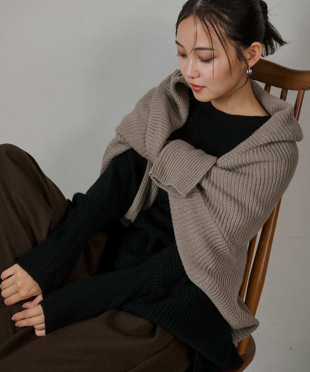 [SET]Drape Dolman Knit+Wool Like Solid Tuck Slacks