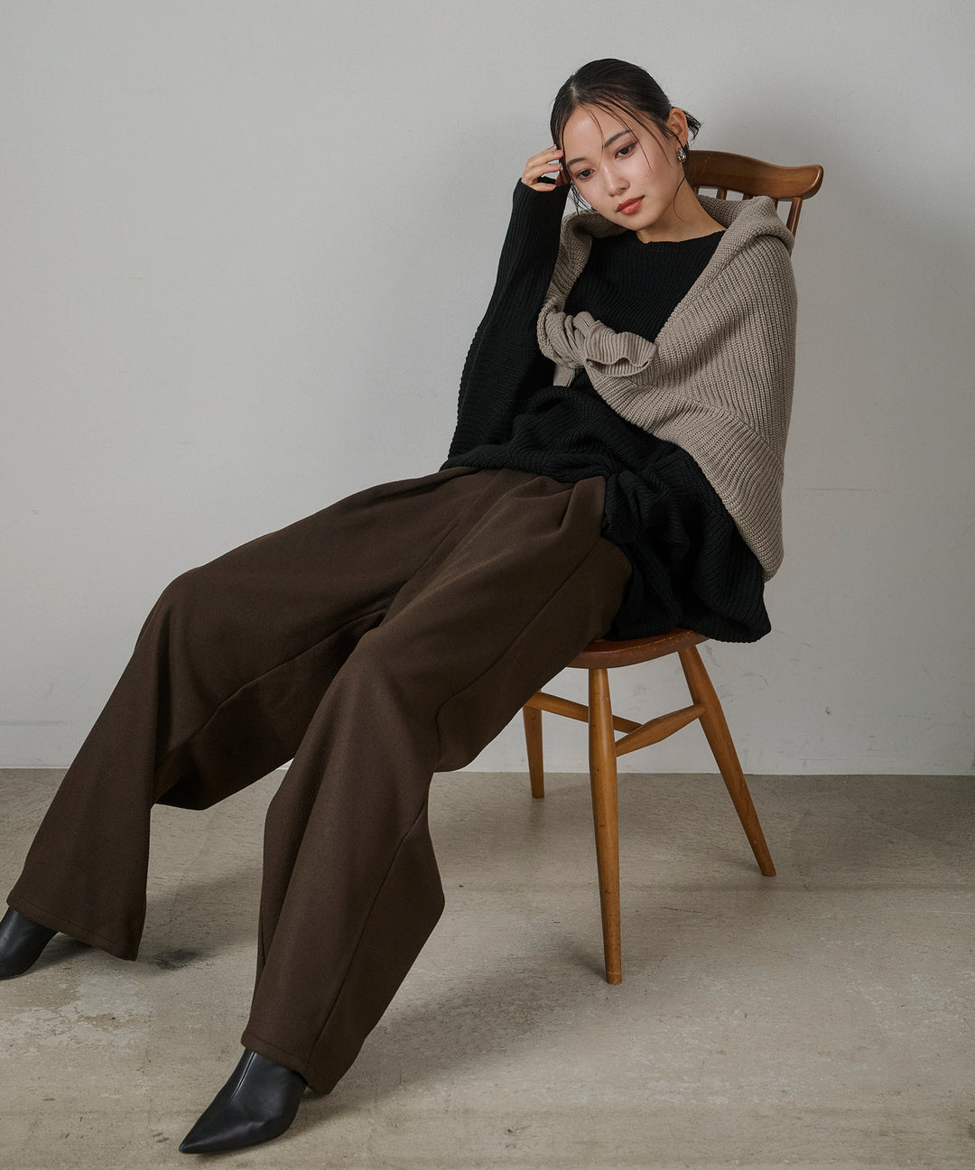 [SET]Drape Dolman Knit+Wool Like Solid Tuck Slacks