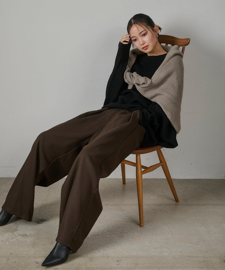 [SET]Drape Dolman Knit+Wool Like Solid Tuck Slacks