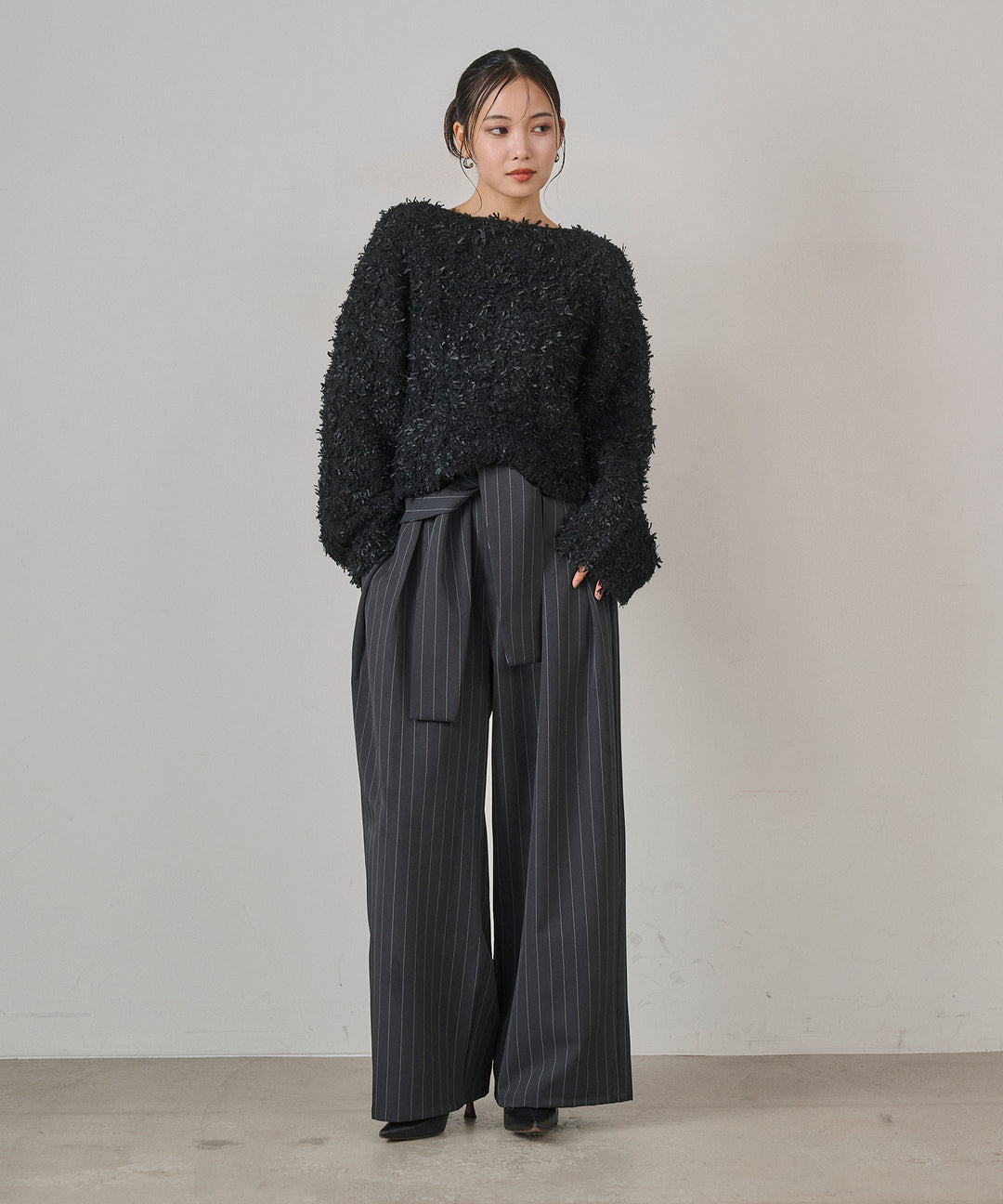 [SET]Tape Yarn P/O Kint+Pinstripe Coil Slacks