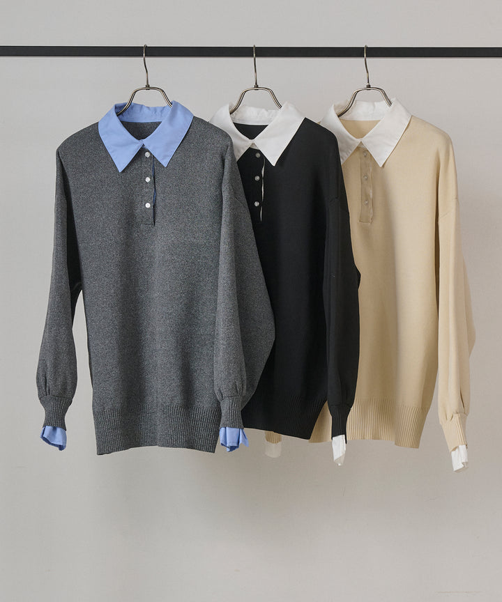 (eliuu)Texture Combi Polo Knit