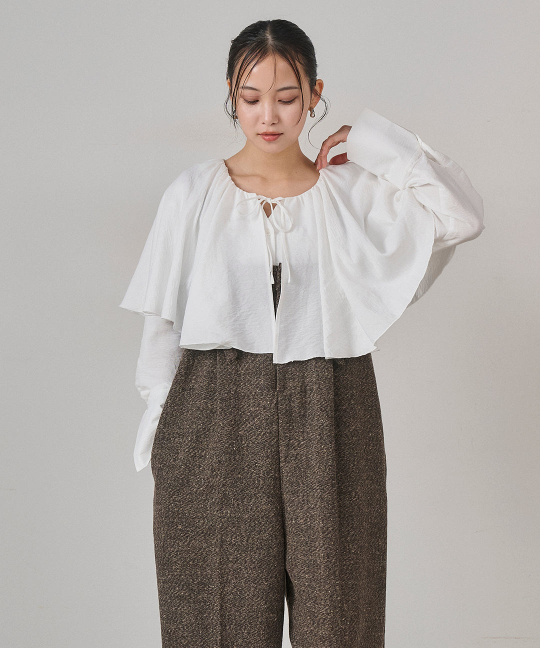 [SET]Cape Collar Tiered Blouse+Tweed Flat Combinaison
