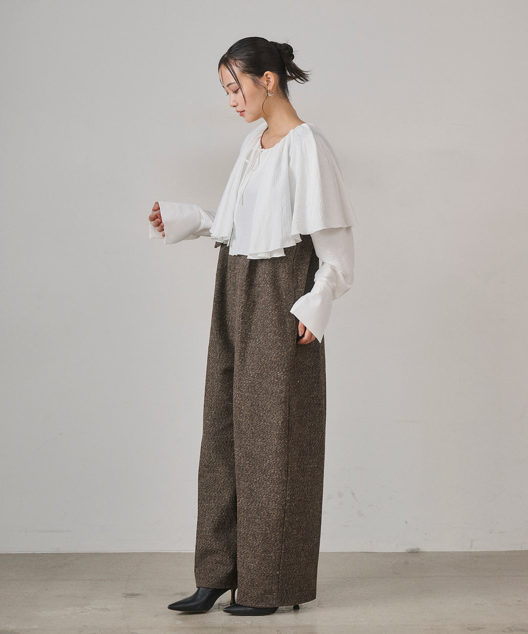 [SET]Cape Collar Tiered Blouse+Tweed Flat Combinaison