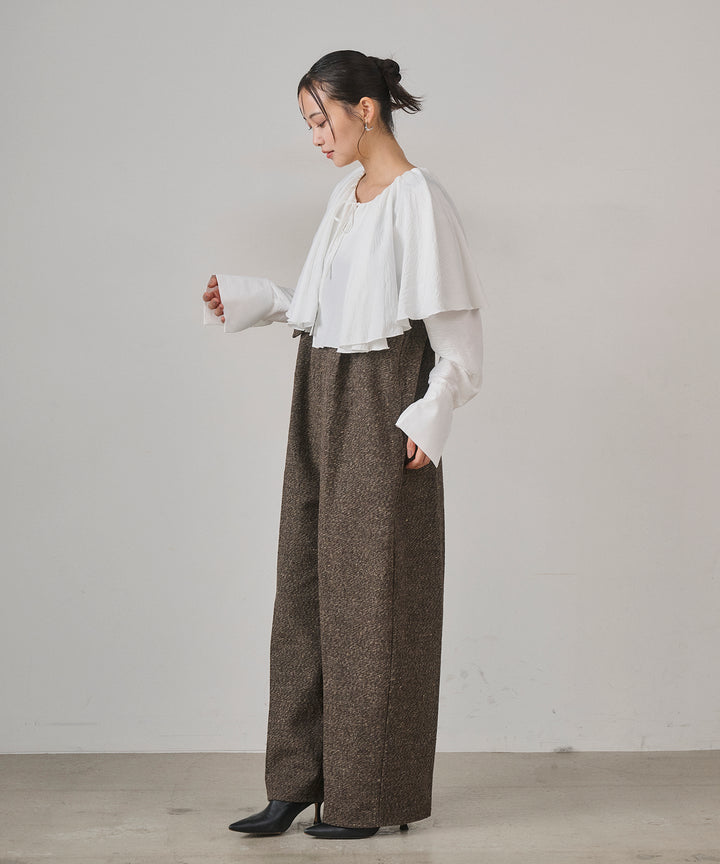 [SET]Cape Collar Tiered Blouse+Tweed Flat Combinaison