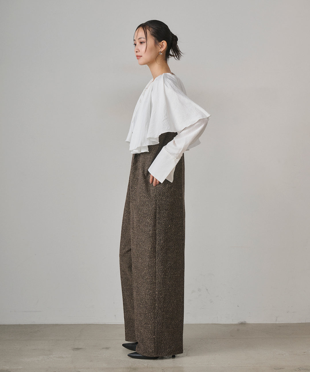 [SET]Cape Collar Tiered Blouse+Tweed Flat Combinaison