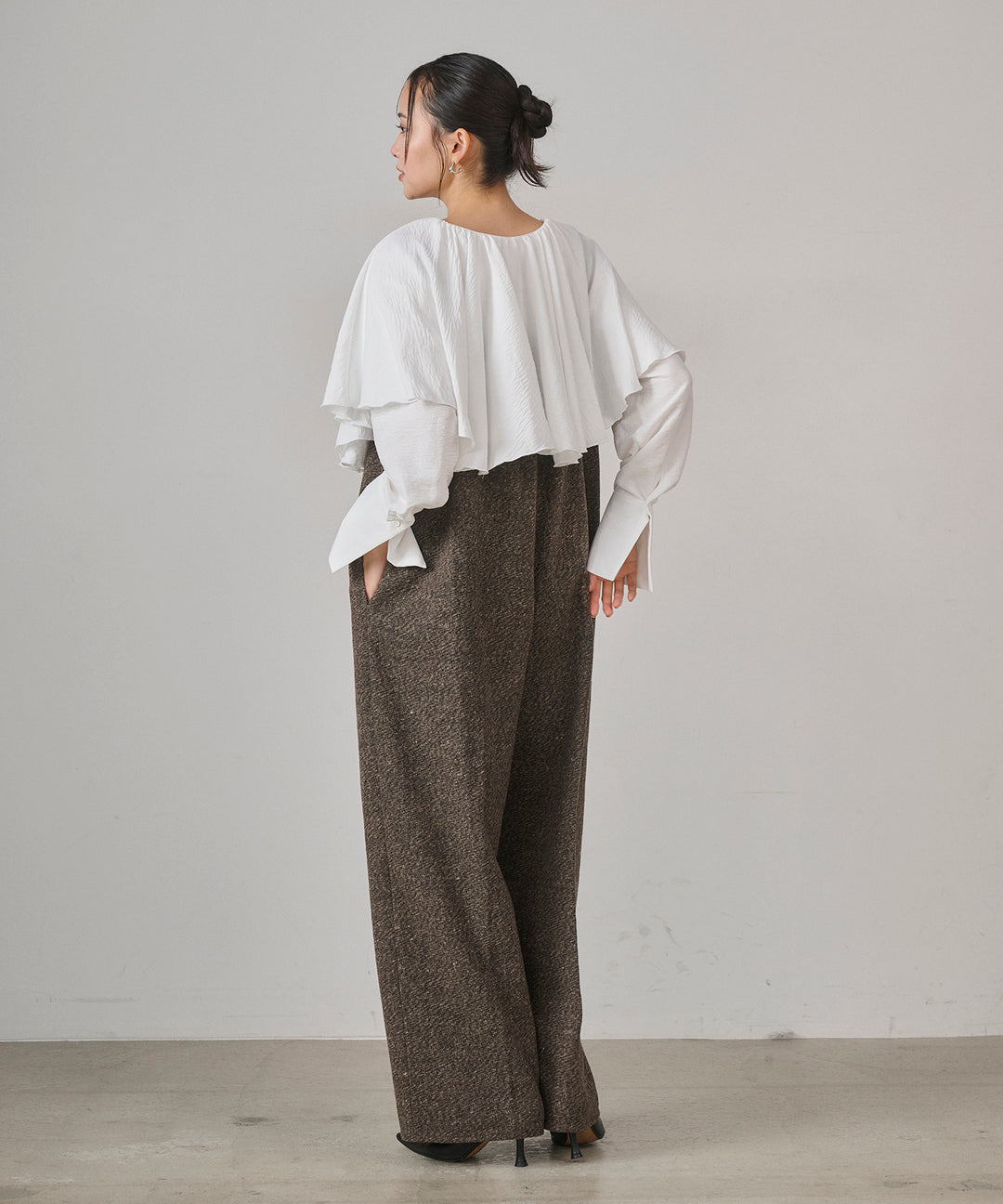 [SET]Cape Collar Tiered Blouse+Tweed Flat Combinaison