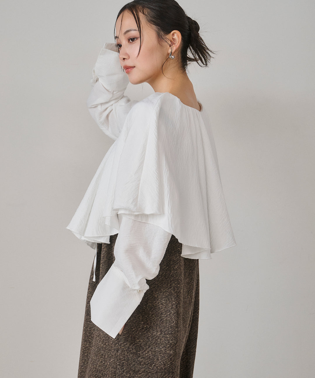 [SET]Cape Collar Tiered Blouse+Tweed Flat Combinaison
