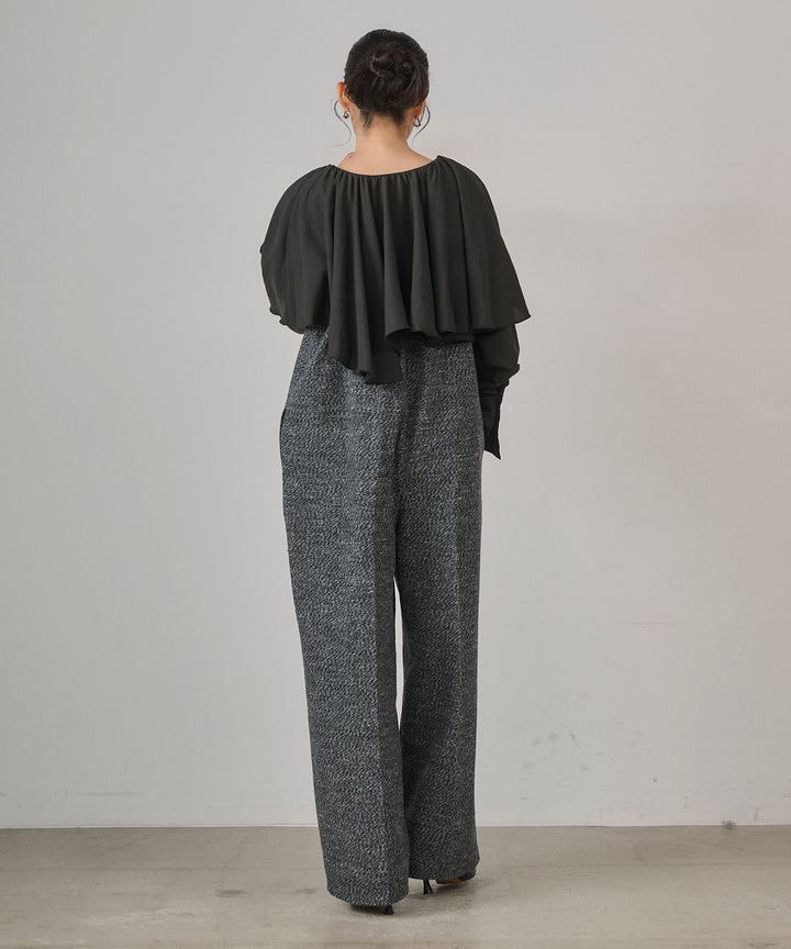 [SET]Cape Collar Tiered Blouse+Tweed Flat Combinaison