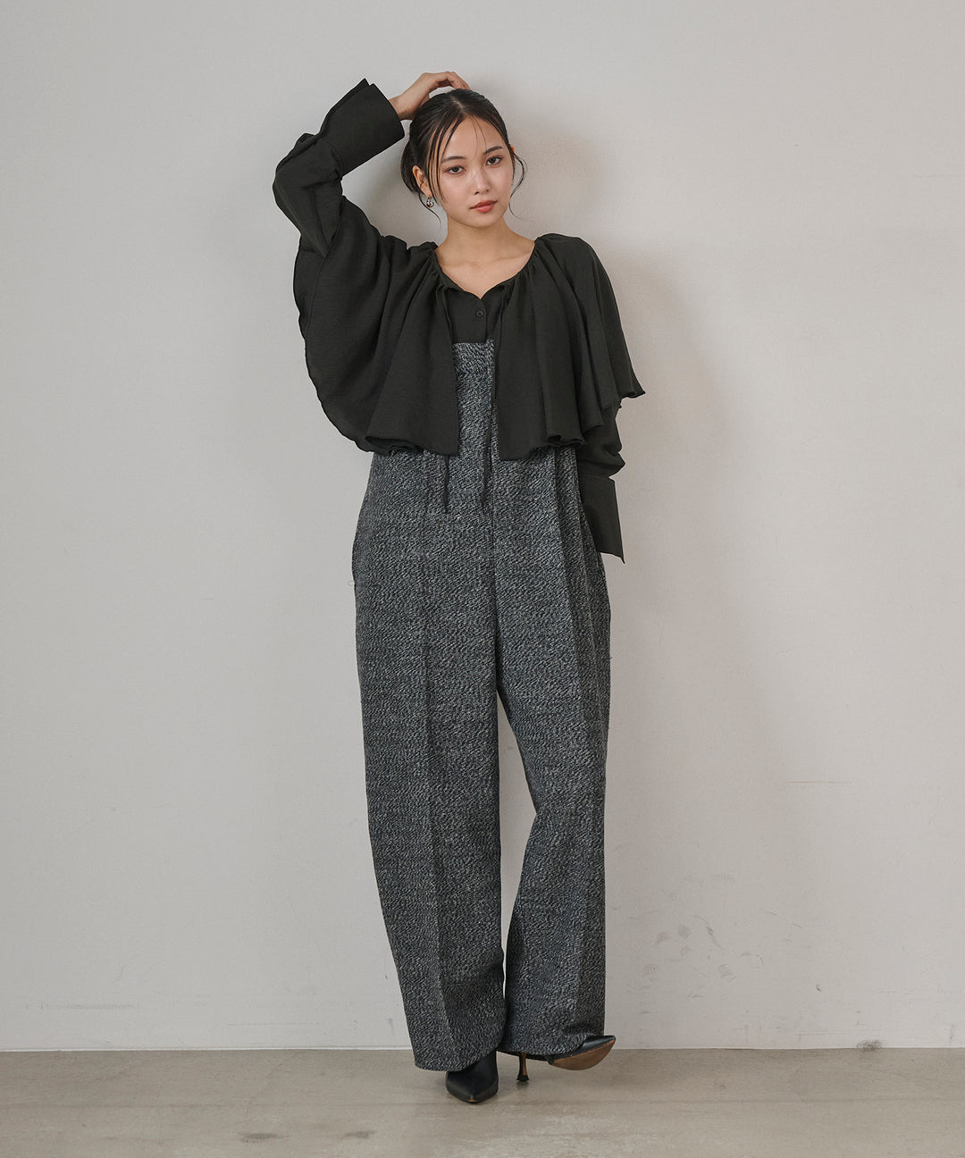 [SET]Cape Collar Tiered Blouse+Tweed Flat Combinaison