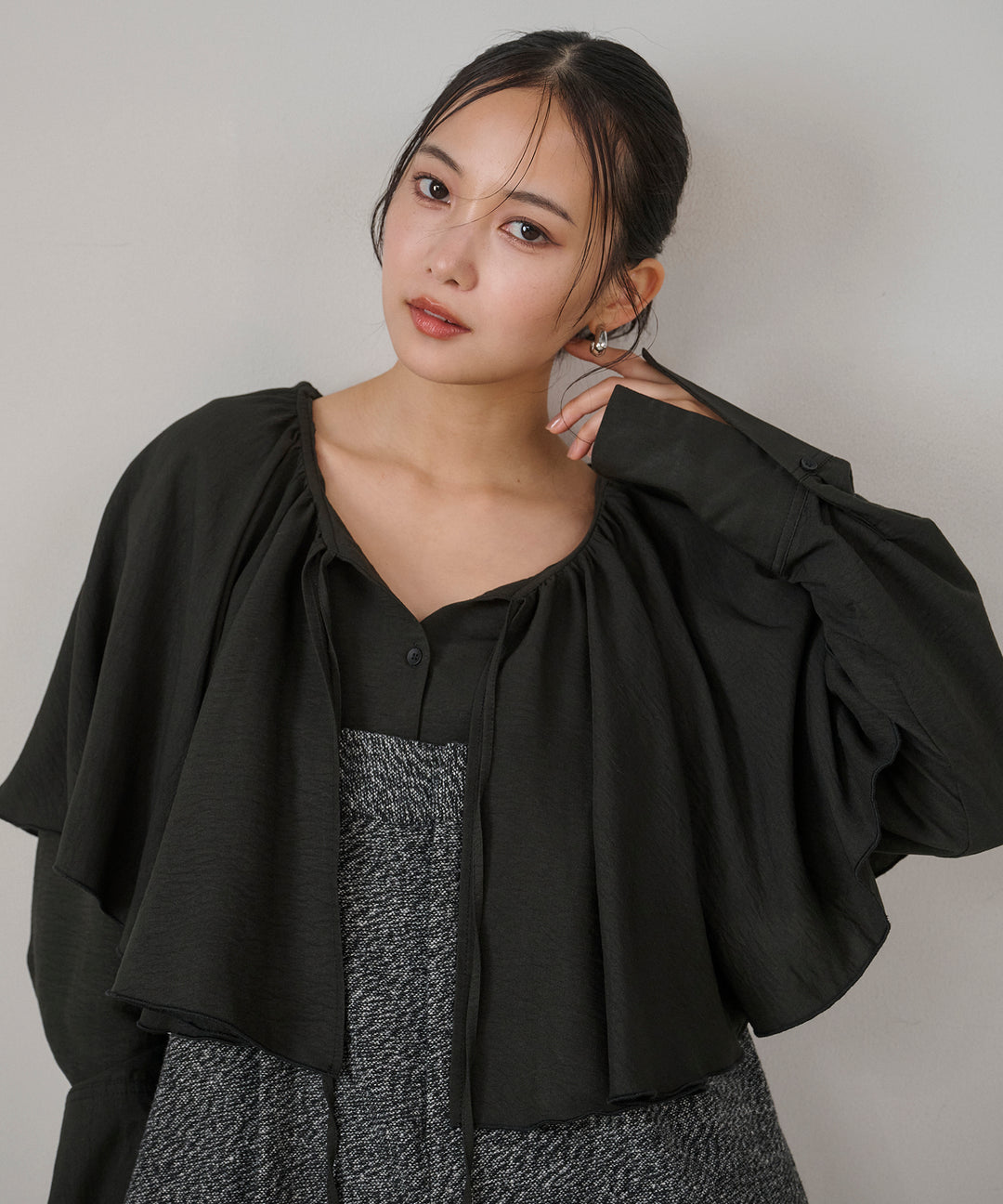 [SET]Cape Collar Tiered Blouse+Tweed Flat Combinaison