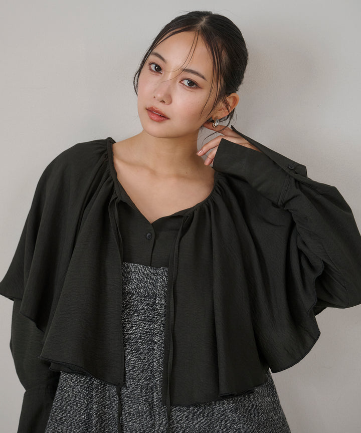 [SET]Cape Collar Tiered Blouse+Tweed Flat Combinaison