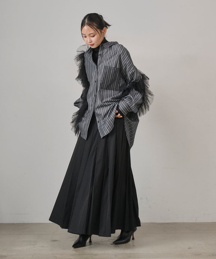[SET]Bubble Layer Stripe Shirt+W Tuck SENSU Pleat SK