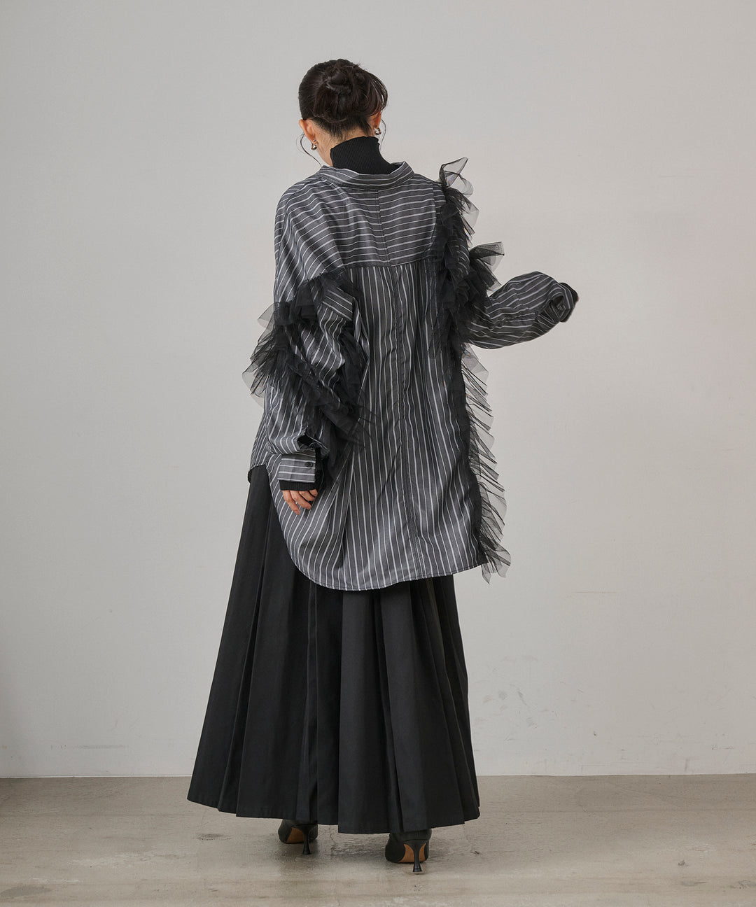 [SET]Bubble Layer Stripe Shirt+W Tuck SENSU Pleat SK
