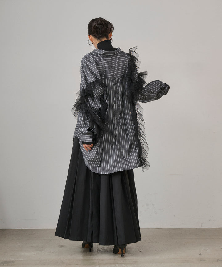 [SET]Bubble Layer Stripe Shirt+W Tuck SENSU Pleat SK