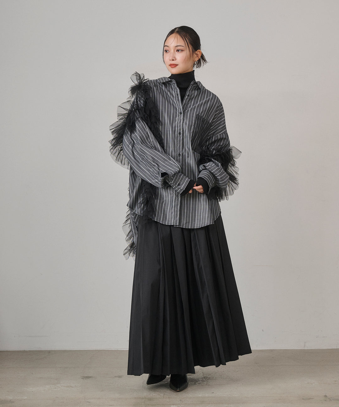 [SET]Bubble Layer Stripe Shirt+W Tuck SENSU Pleat SK