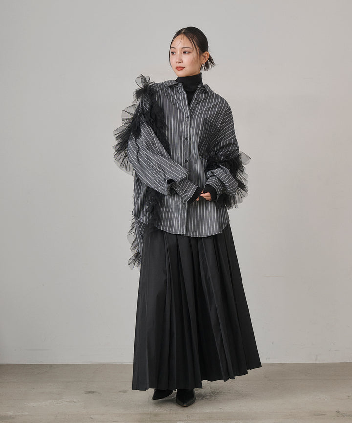 [SET]Bubble Layer Stripe Shirt+W Tuck SENSU Pleat SK