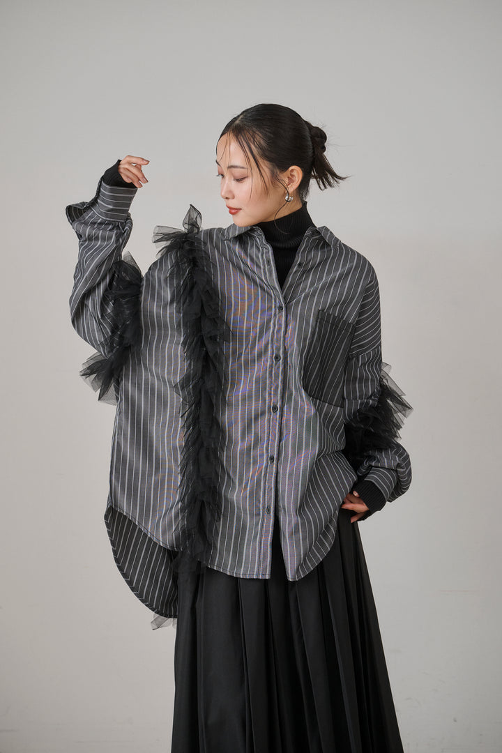 [SET]Bubble Layer Stripe Shirt+W Tuck SENSU Pleat SK