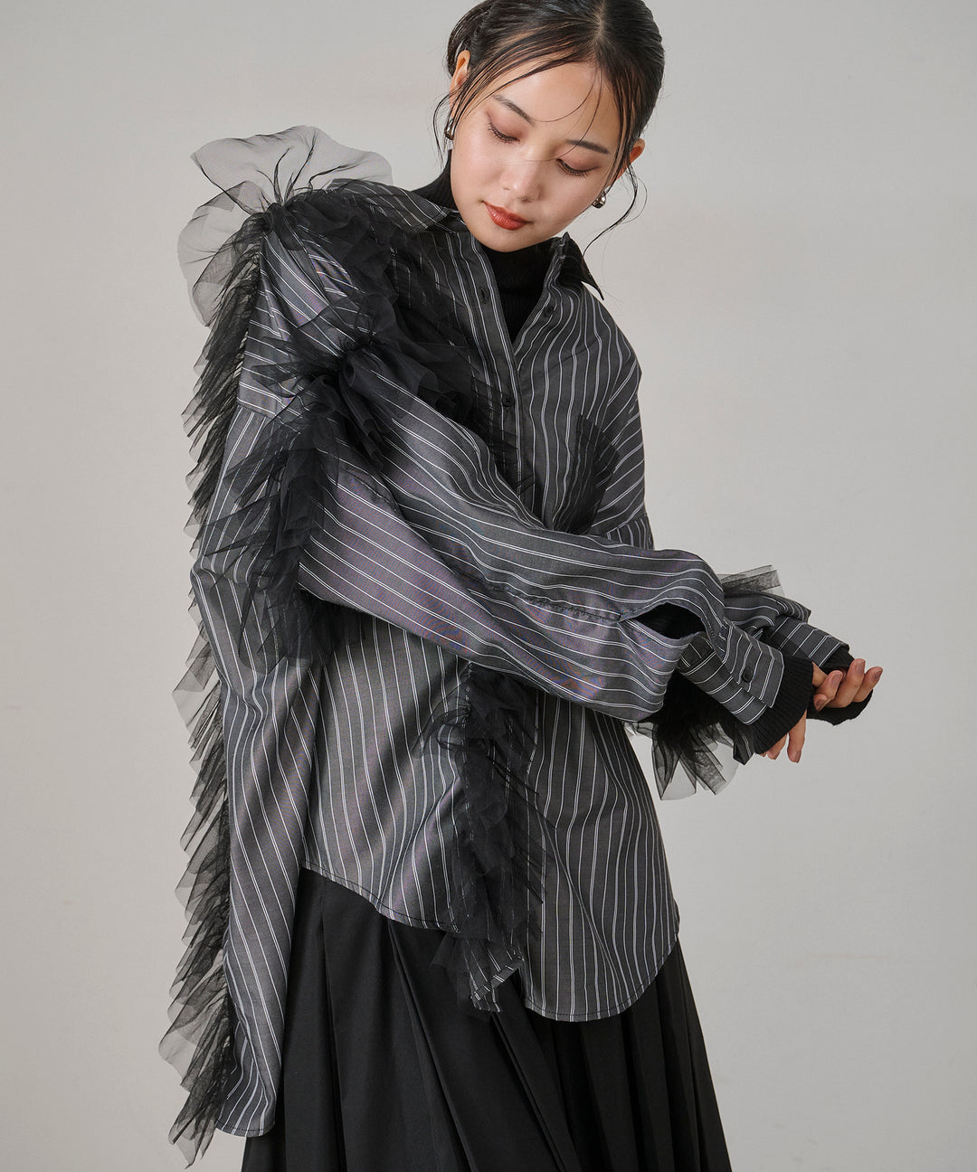 [SET]Bubble Layer Stripe Shirt+W Tuck SENSU Pleat SK