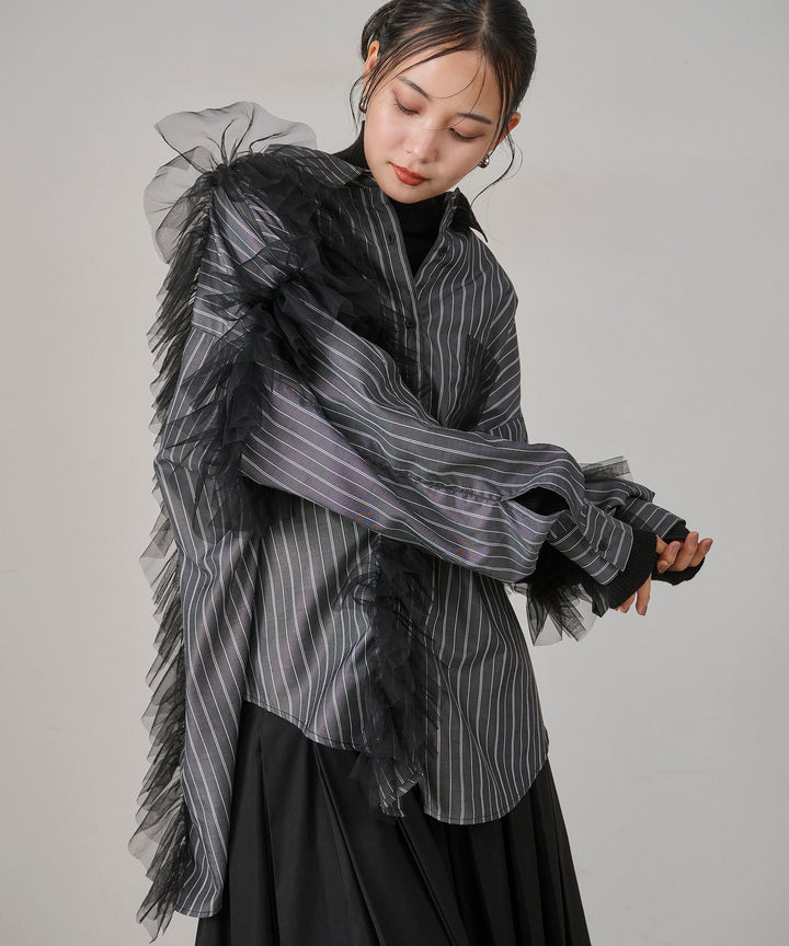 [SET]Bubble Layer Stripe Shirt+W Tuck SENSU Pleat SK