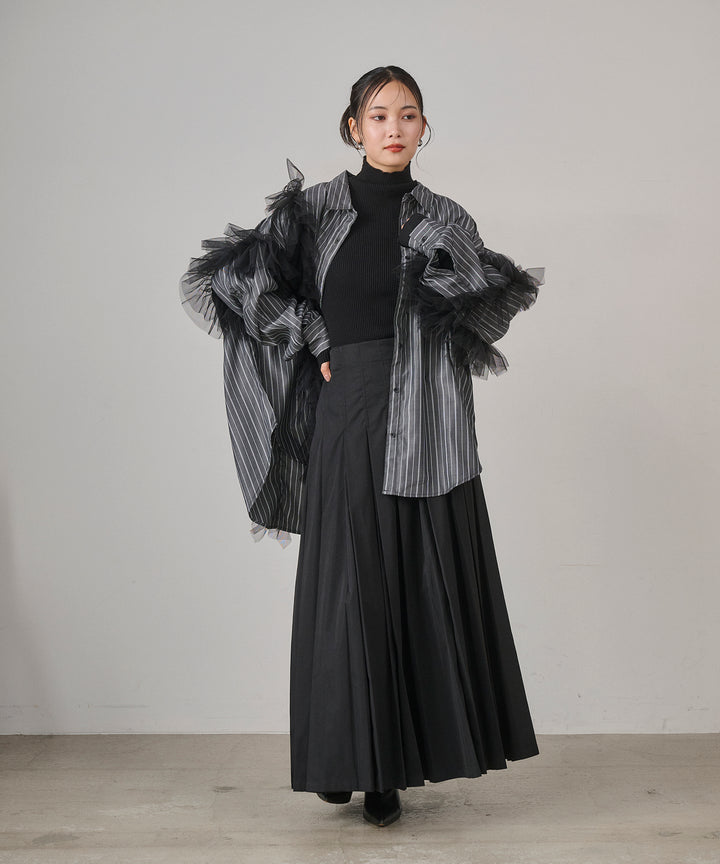 [SET]Bubble Layer Stripe Shirt+W Tuck SENSU Pleat SK