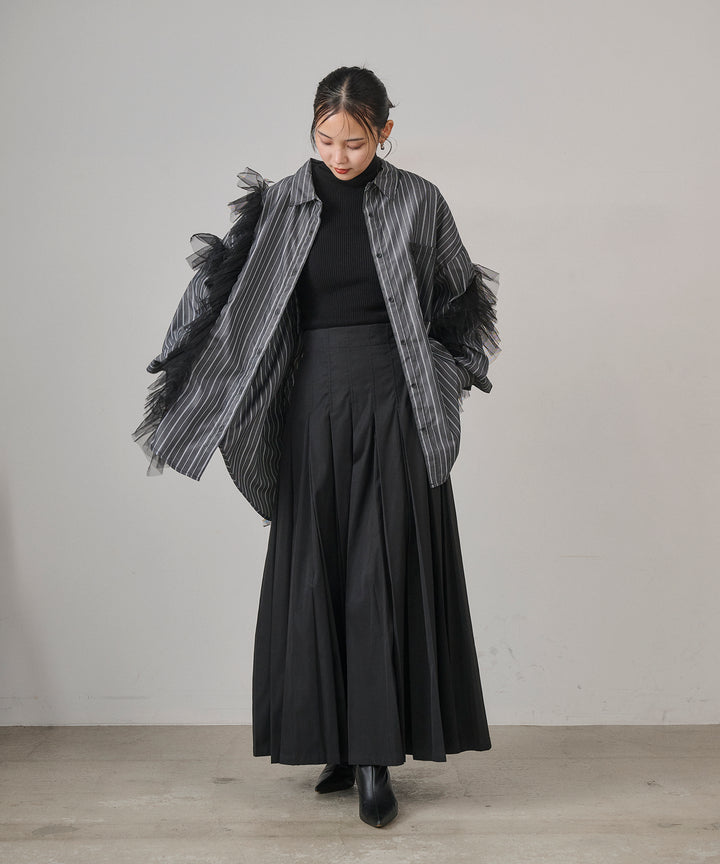 [SET]Bubble Layer Stripe Shirt+W Tuck SENSU Pleat SK