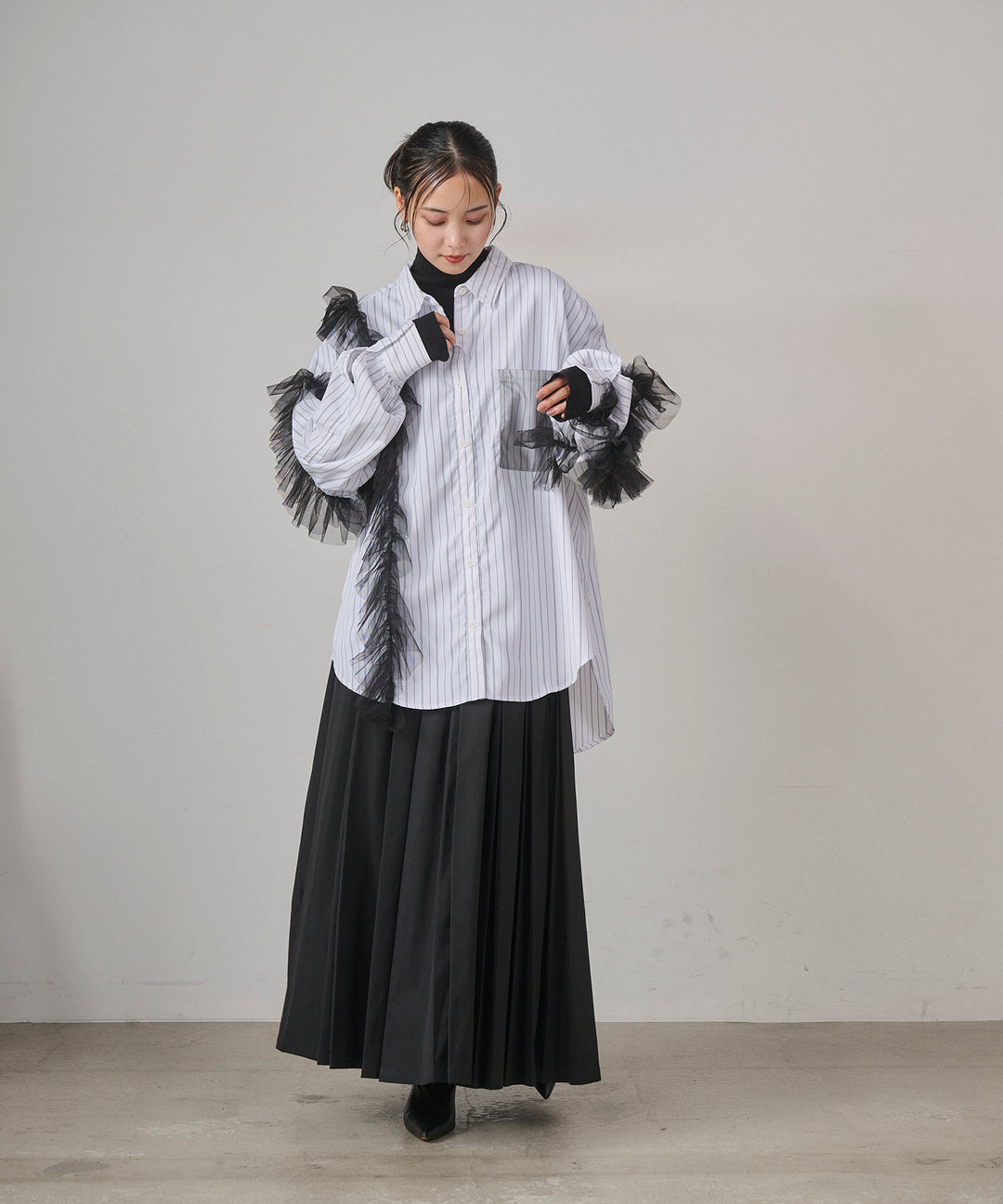 [SET]Bubble Layer Stripe Shirt+W Tuck SENSU Pleat SK