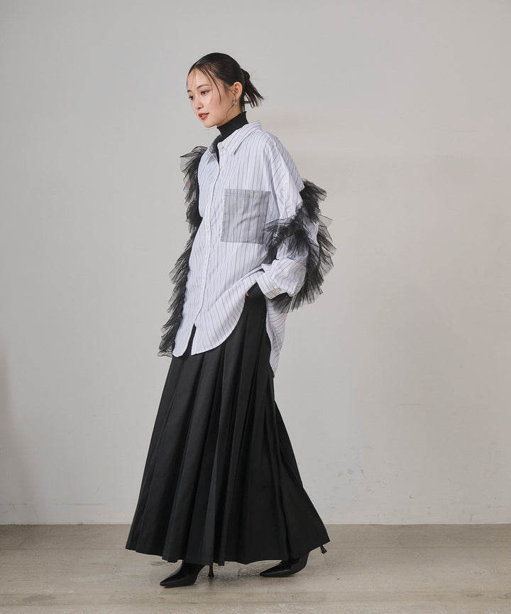 [SET]Bubble Layer Stripe Shirt+W Tuck SENSU Pleat SK