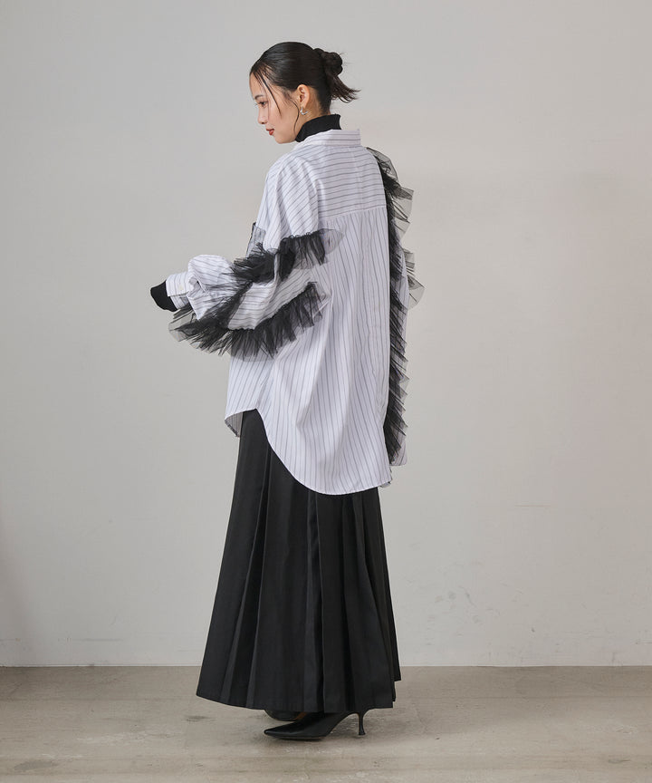 [SET]Bubble Layer Stripe Shirt+W Tuck SENSU Pleat SK