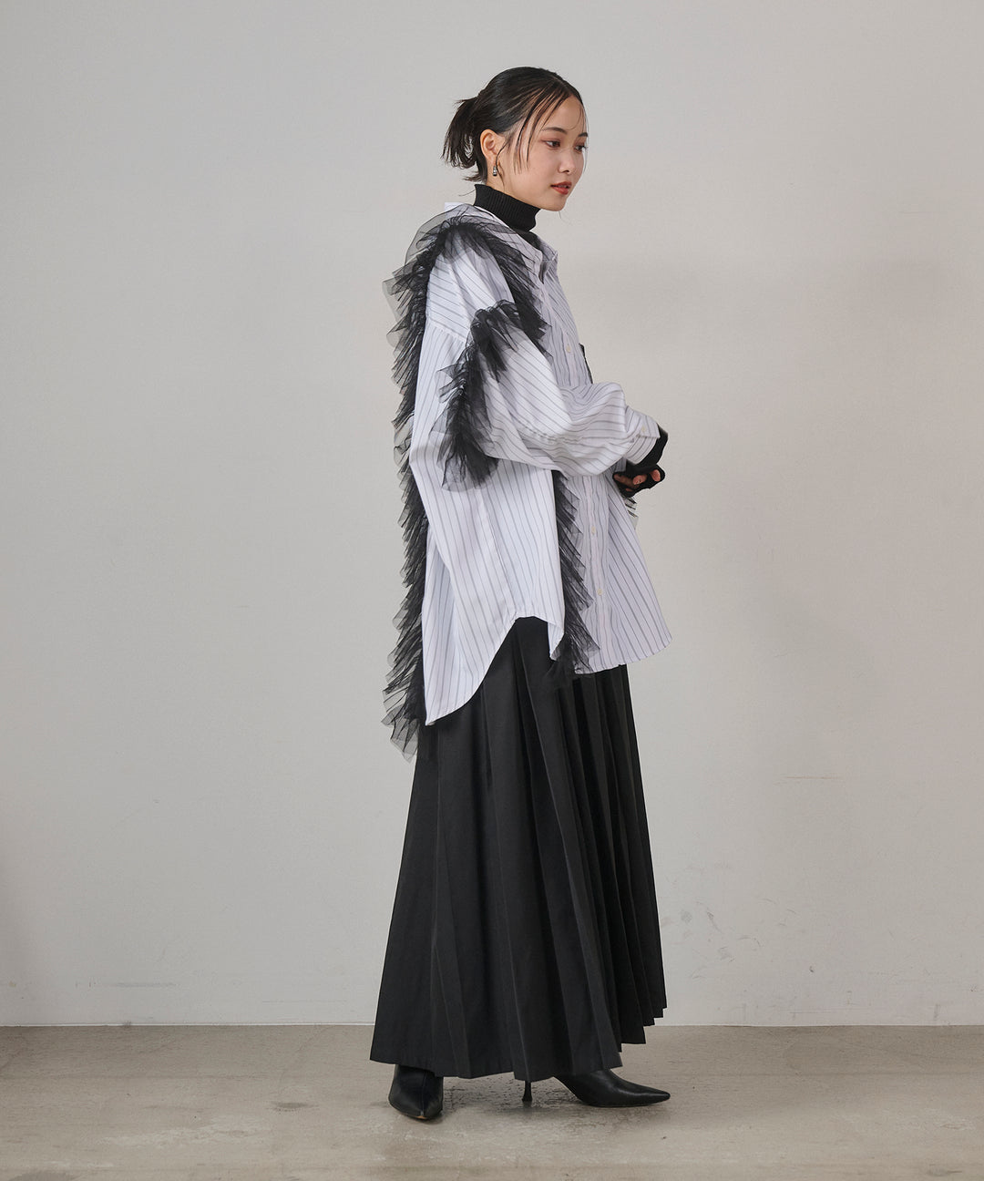 [SET]Bubble Layer Stripe Shirt+W Tuck SENSU Pleat SK