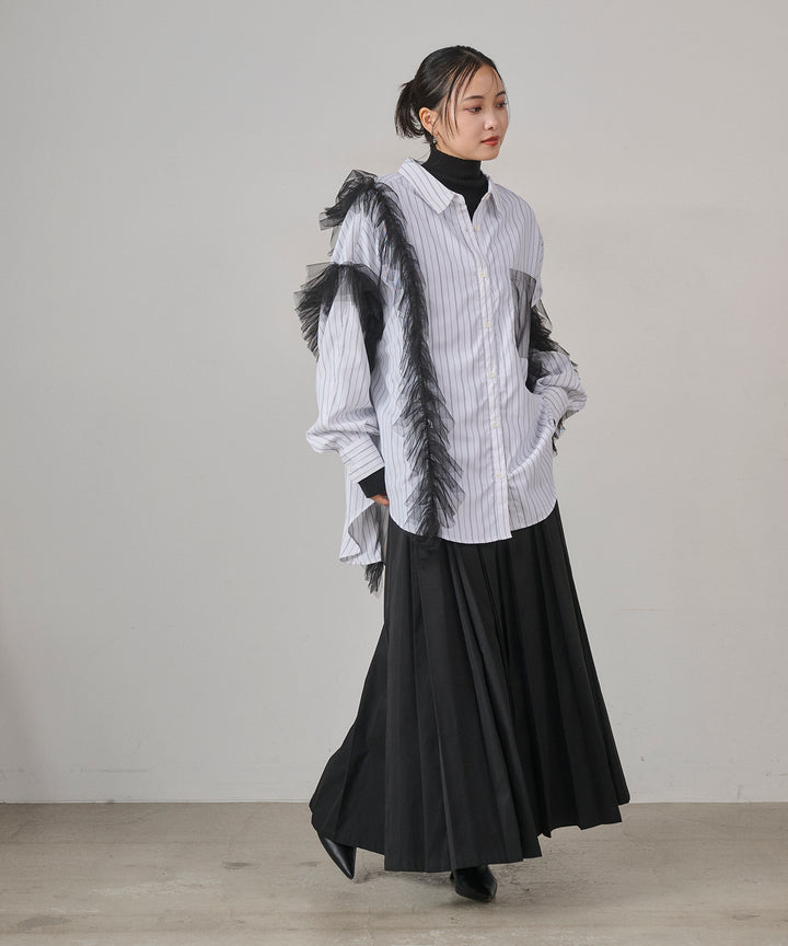[SET]Bubble Layer Stripe Shirt+W Tuck SENSU Pleat SK
