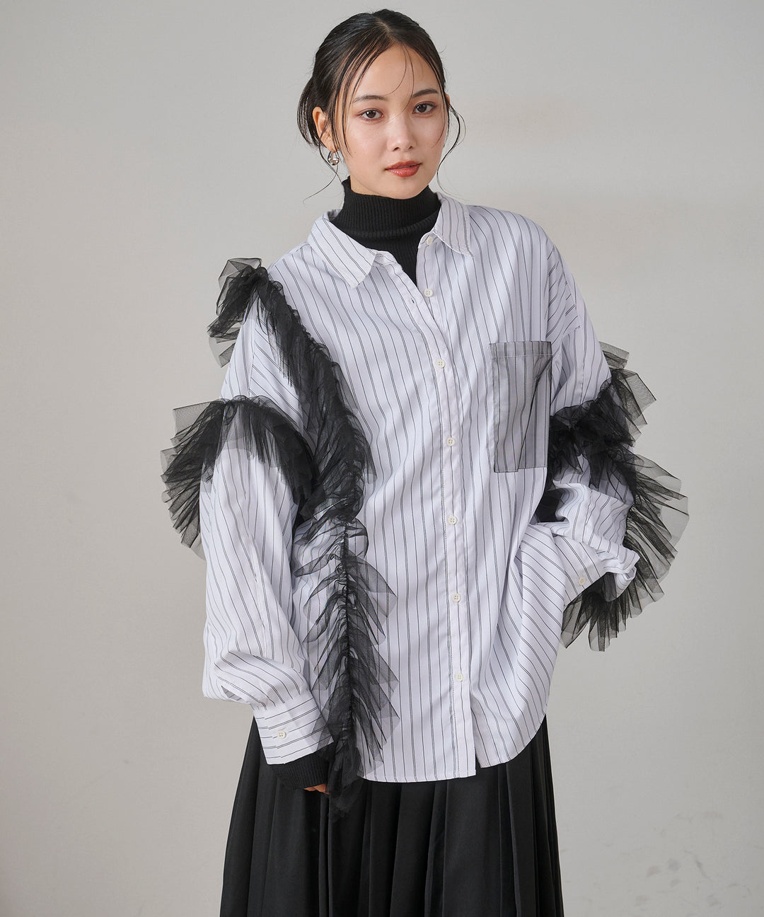 [SET]Bubble Layer Stripe Shirt+W Tuck SENSU Pleat SK