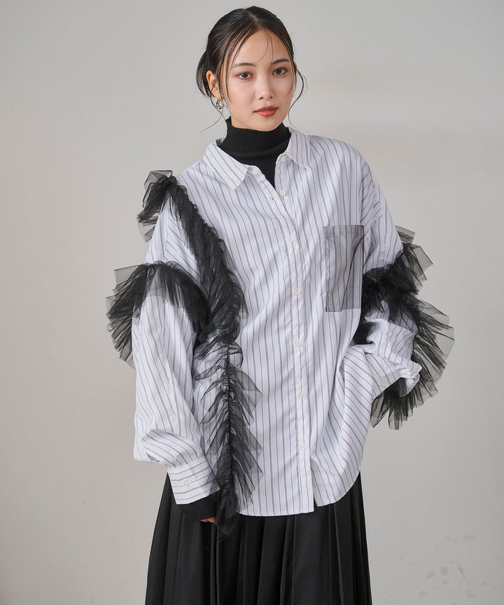 [SET]Bubble Layer Stripe Shirt+W Tuck SENSU Pleat SK