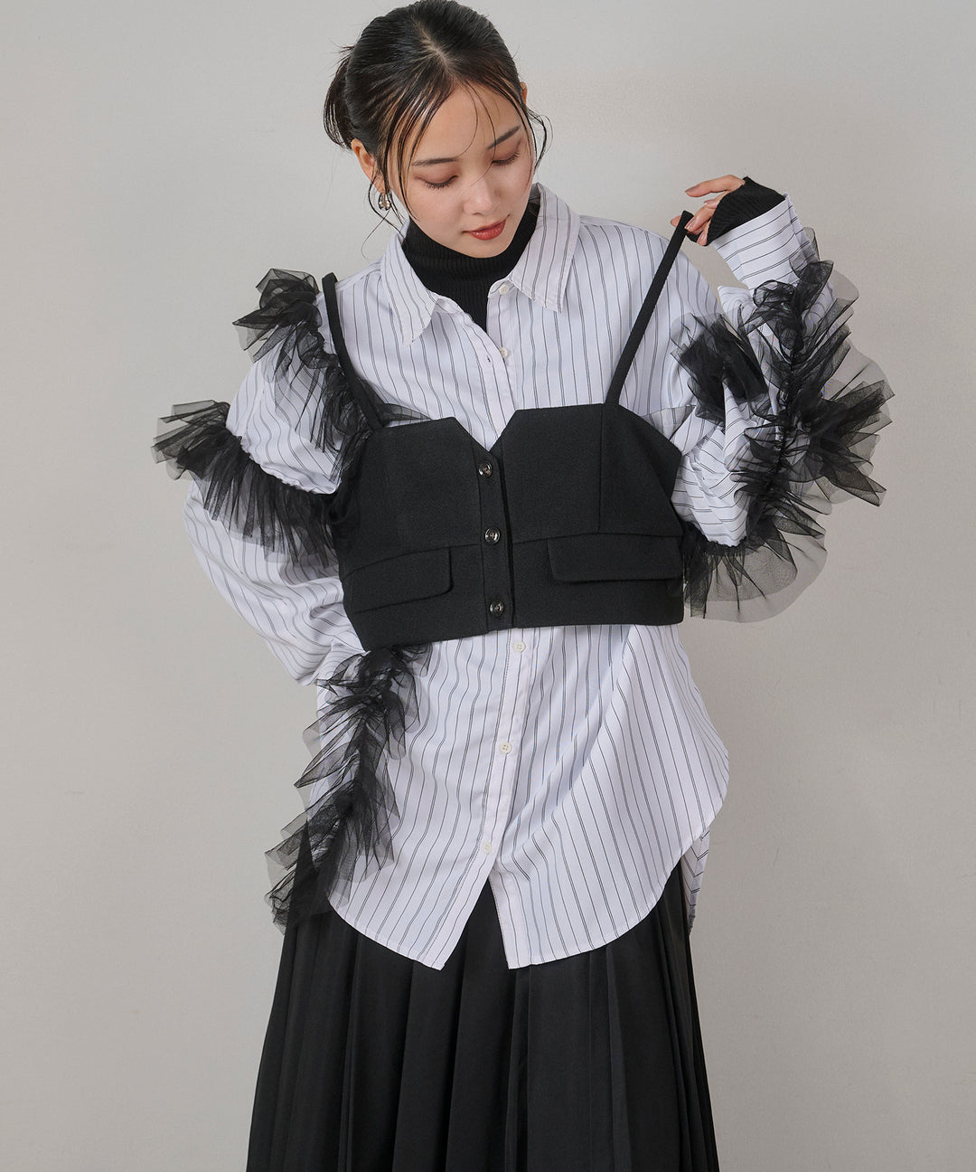 (eliuu)Bubble Layer Stripe Shirt