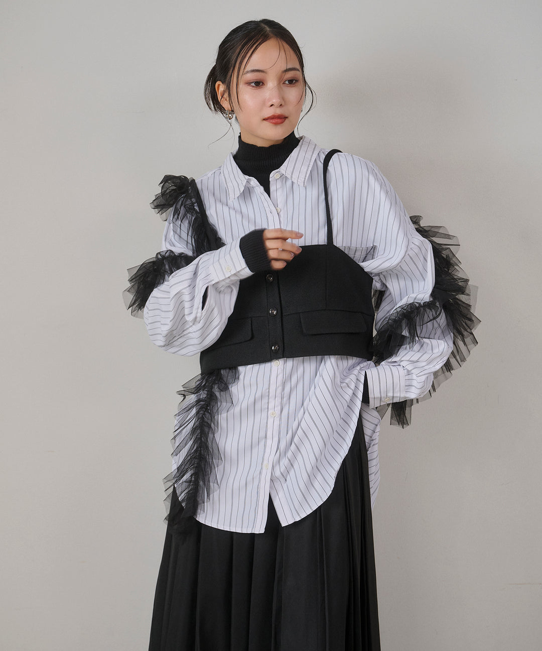 (eliuu)Bubble Layer Stripe Shirt
