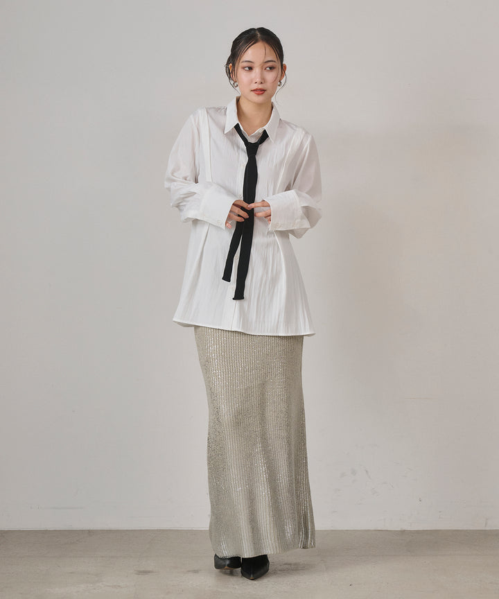 [SET]Multi Way Tuck Shirt+Luminous Foil Knit Skirt