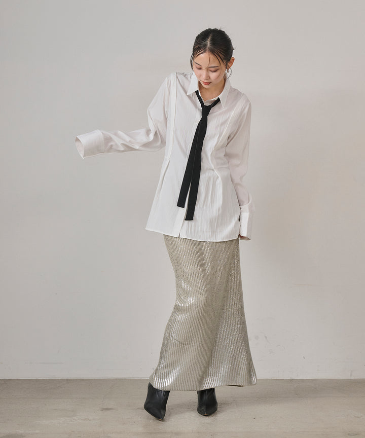 [SET]Multi Way Tuck Shirt+Luminous Foil Knit Skirt