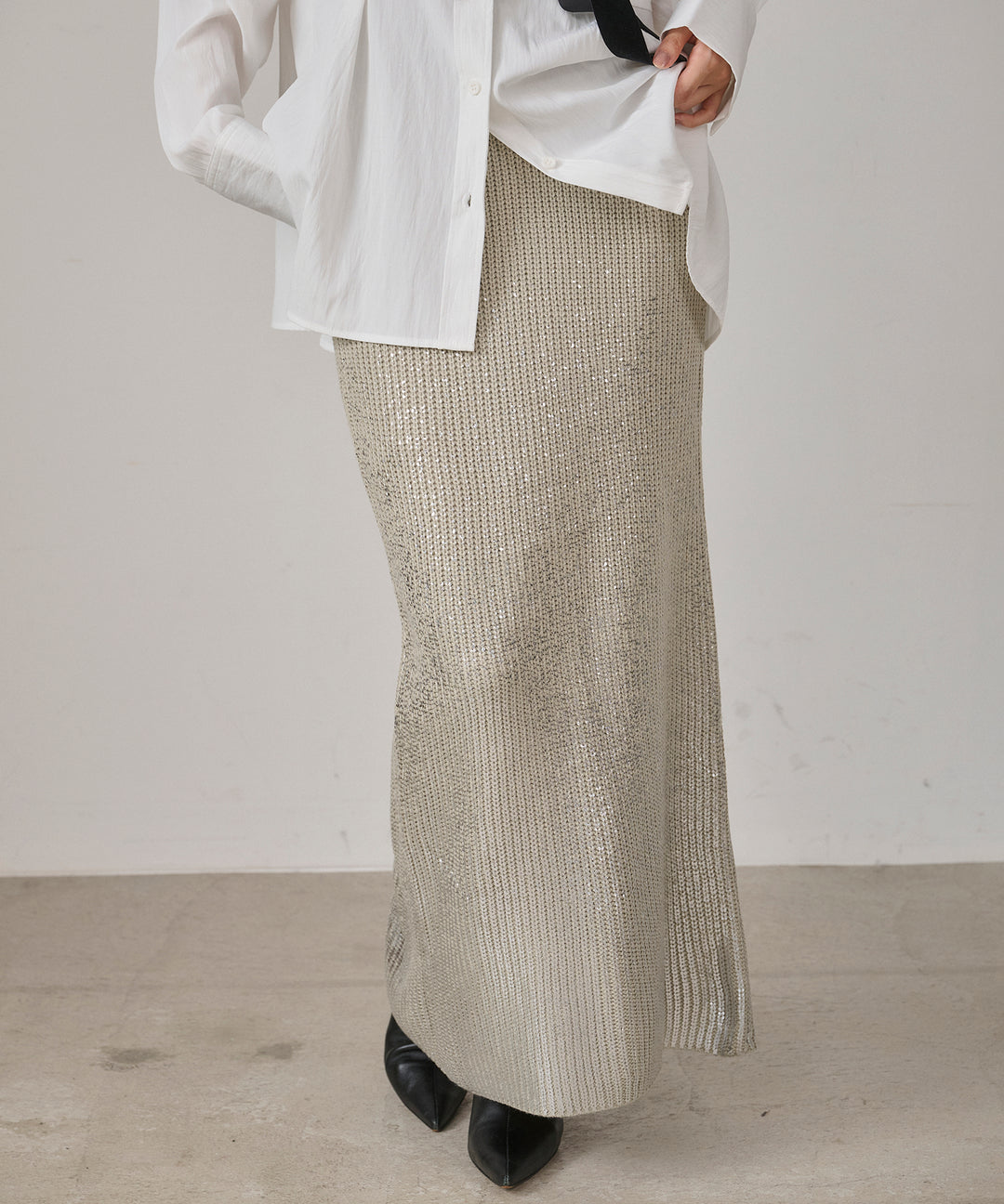 [SET]Multi Way Tuck Shirt+Luminous Foil Knit Skirt