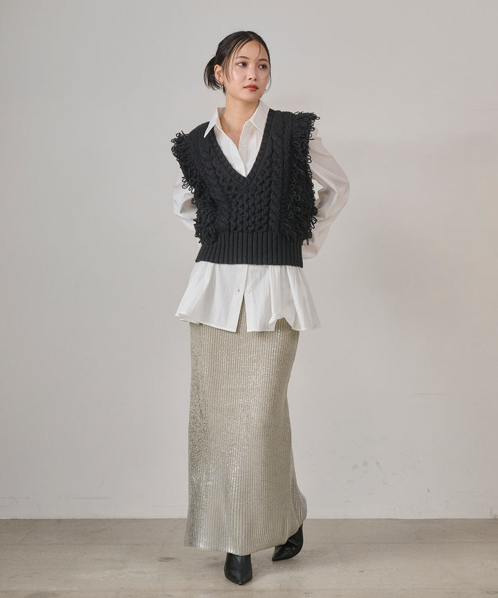 [SET]Multi Way Tuck Shirt+Luminous Foil Knit Skirt
