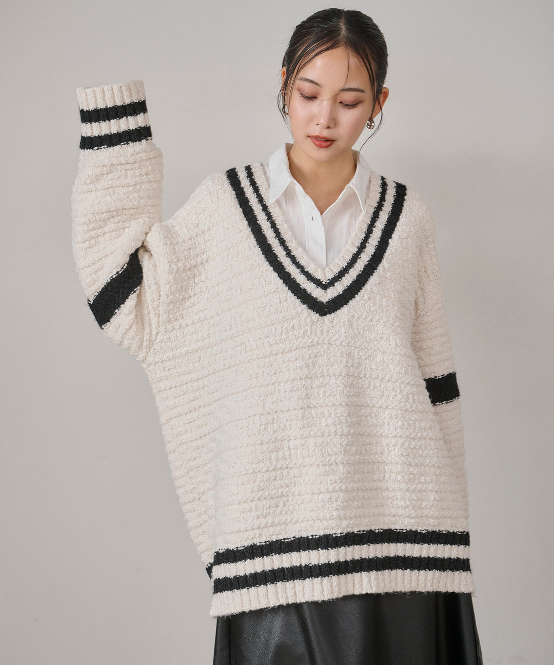 [SET]Preppy V/C Knit+Multi Way Tuck Shirt