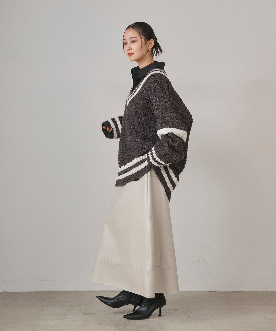 [SET]Preppy V/C Knit+Multi Way Tuck Shirt