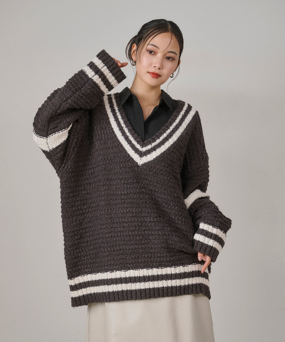 [SET]Preppy V/C Knit+Multi Way Tuck Shirt