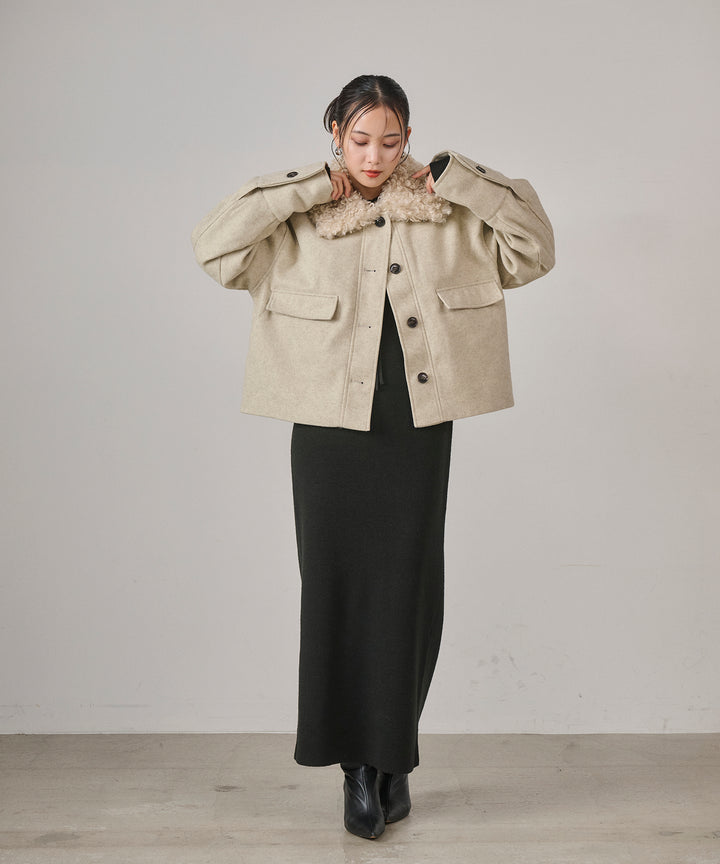 [SET]Wool Like Combi Short JK+Soft Touch Choker Knit Onepiece