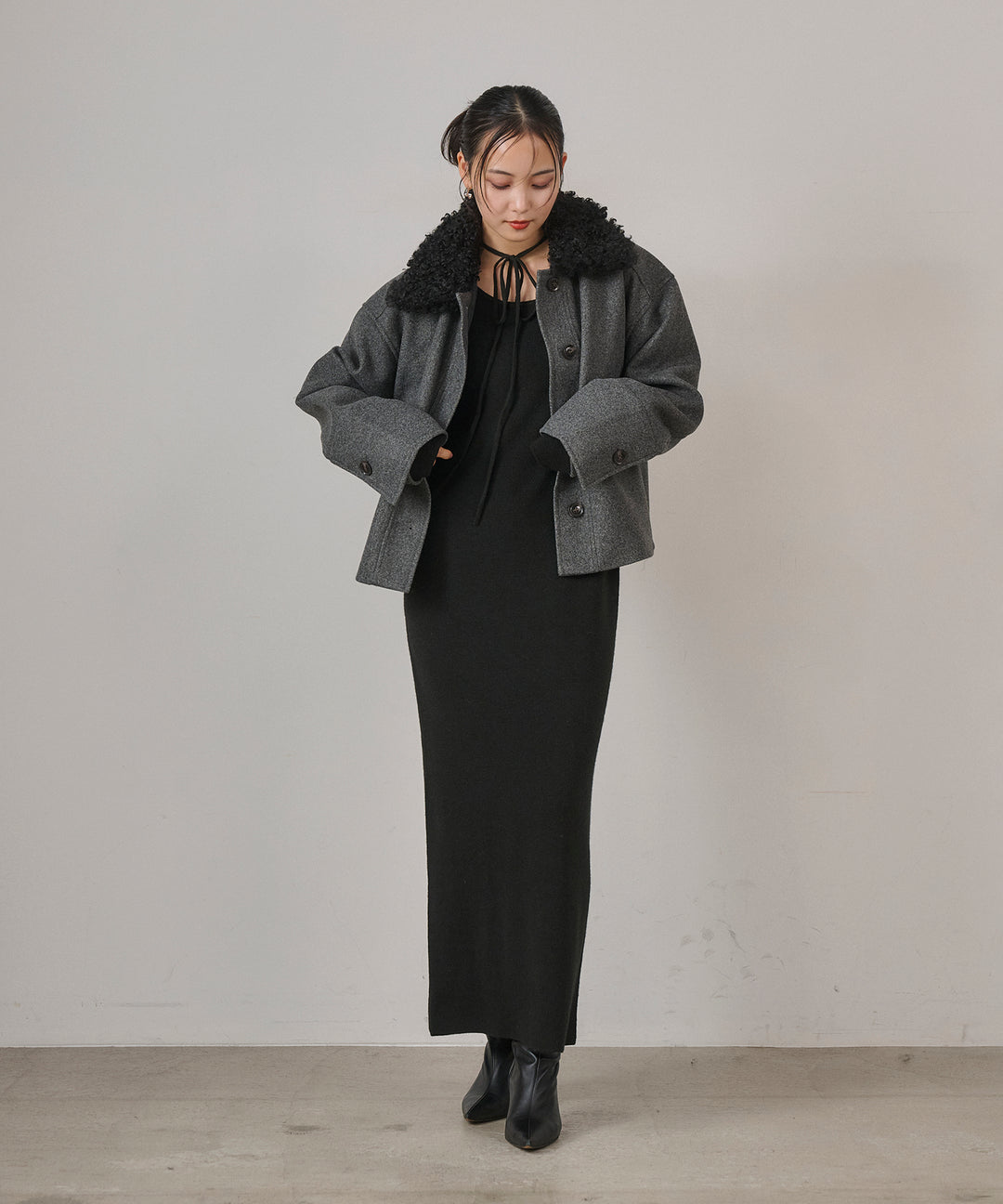 [SET]Wool Like Combi Short JK+Soft Touch Choker Knit Onepiece