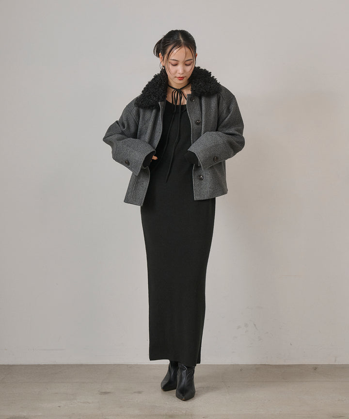 [SET]Wool Like Combi Short JK+Soft Touch Choker Knit Onepiece