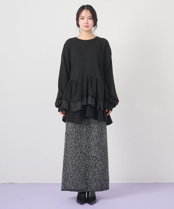 [2SET]Tiered Peplum Tops+Tweed Like Slub Skirt