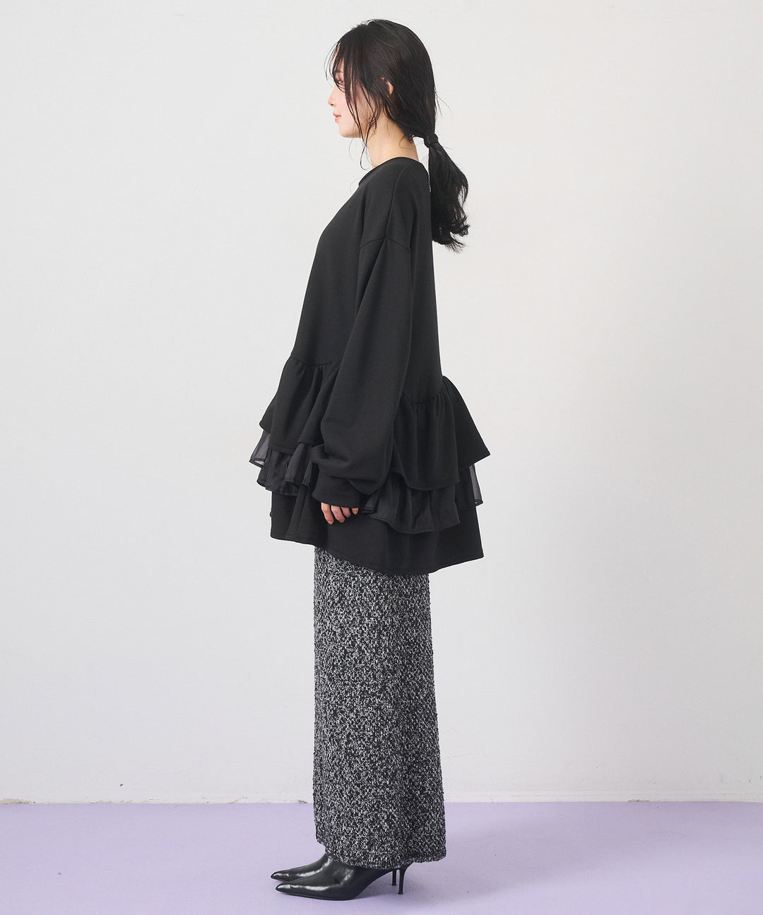 [2SET]Tiered Peplum Tops+Tweed Like Slub Skirt