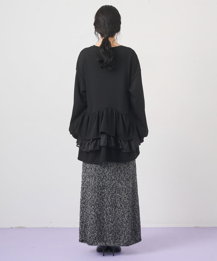 [2SET]Tiered Peplum Tops+Tweed Like Slub Skirt