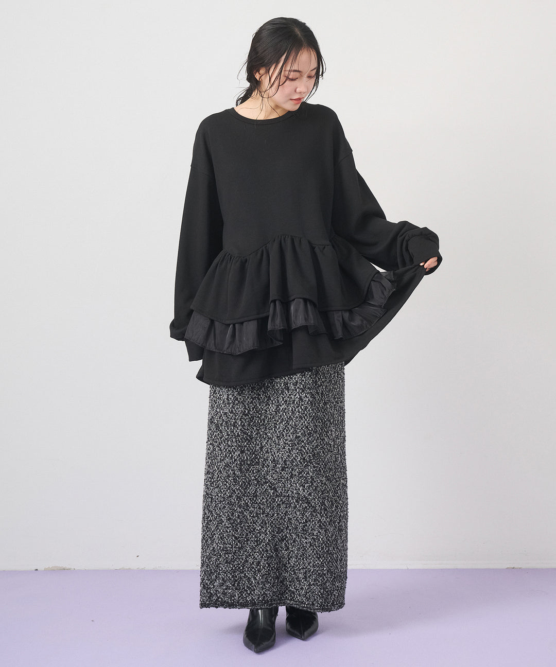 [2SET]Tiered Peplum Tops+Tweed Like Slub Skirt